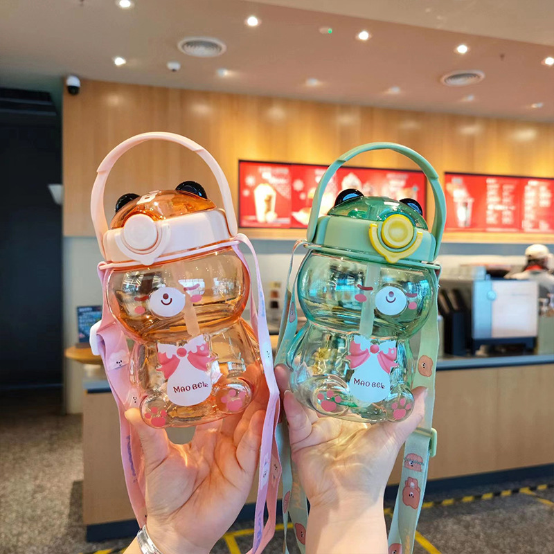 Y96 High-Looking Transparent Bear Straw Cup Children Portable Plastic Water Cup Creative Cute Cartoon Drop-Resistant Kettle