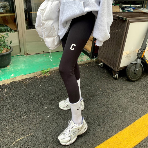 东大门 网红时尚修身显瘦高腰弹力紧身c字外穿黑色打底裤