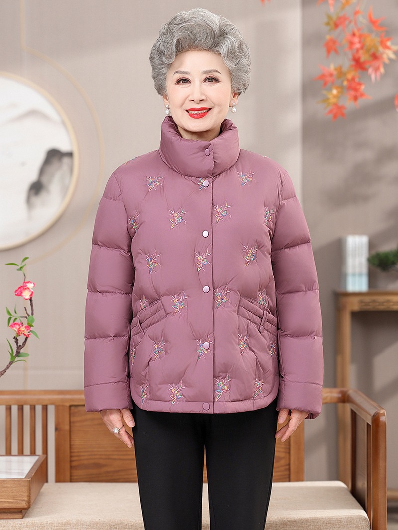 高端老太太冬装防风保暖圆弧下摆90羽绒服绣花奶奶装老年人羽绒衣