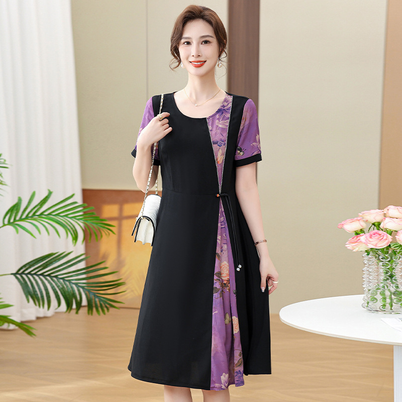 妈妈夏装短袖连衣裙2024新款洋气50岁中老年妇女气质雪纺裙子