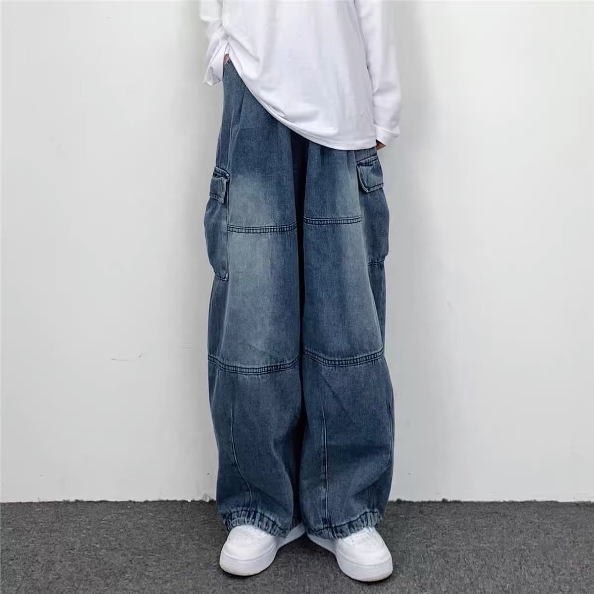 Japanese-Style Retro Wide Leg Large Pocket Overalls Men's Summer New Fashion Brand Ins Neutral Loose Straight Jeans