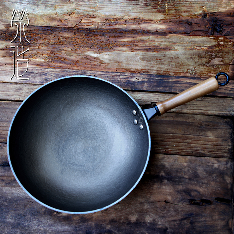 小号传统手工加厚圆底炒锅生铁老式铁锅家用铸铁无涂层不粘锅有盖