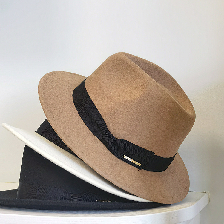 秋冬日本款羊毛呢帽带蝴蝶结女复古平沿礼帽巴拿帽时装爵士毡帽子