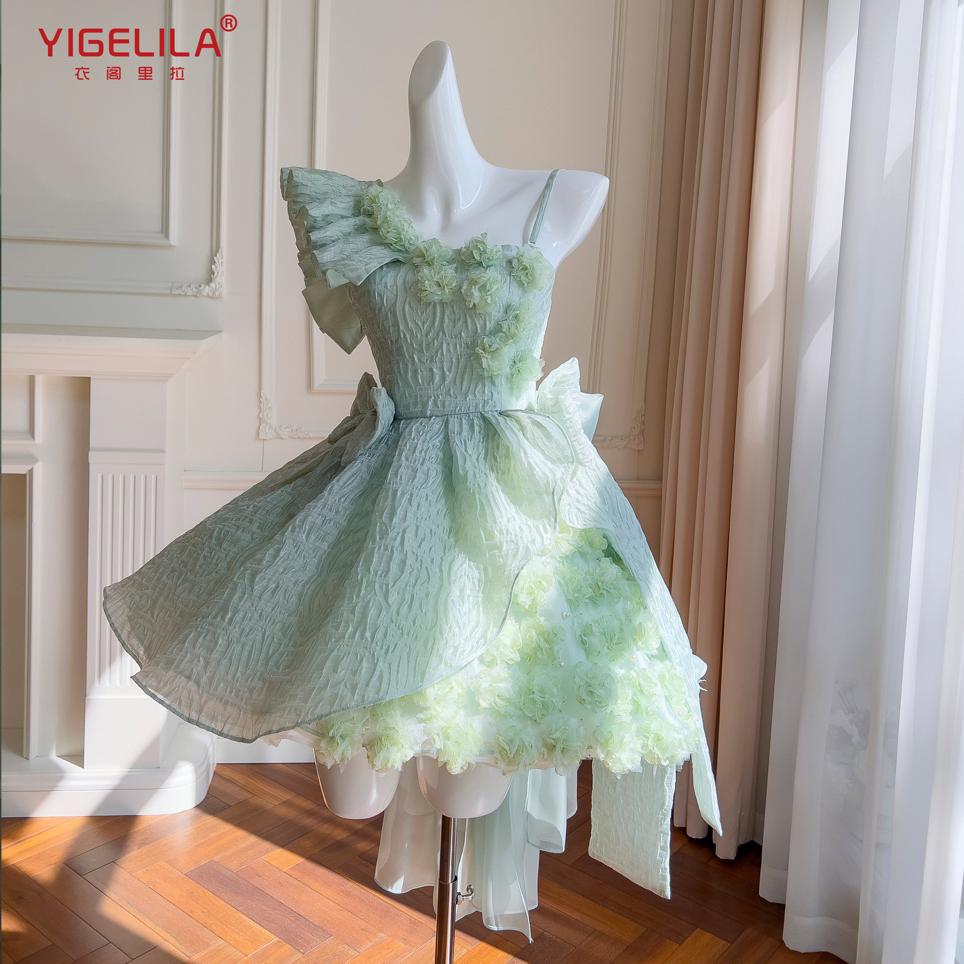 洛丽塔甜美公主裙气质吊带小礼服斜肩蝴蝶结立体花朵连衣裙 68554