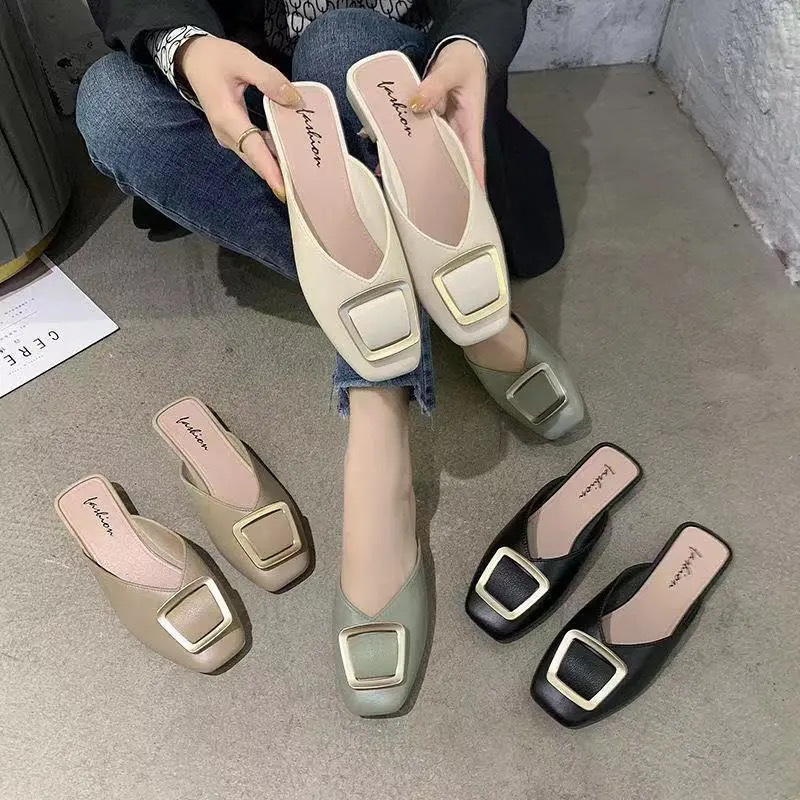 Square Buckle Closed Toe Half Slippers Women's Fashion Outerwear 2023 New Muller Flat Heel Buckle Square Toe Lazy Sandals Women's Shoes