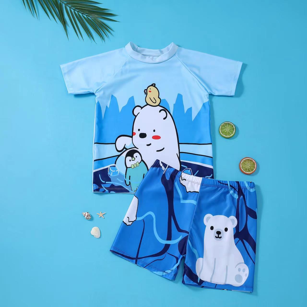 新款男童儿童中小童大男童连体平角卡通泳衣温泉分体带袖男童泳衣