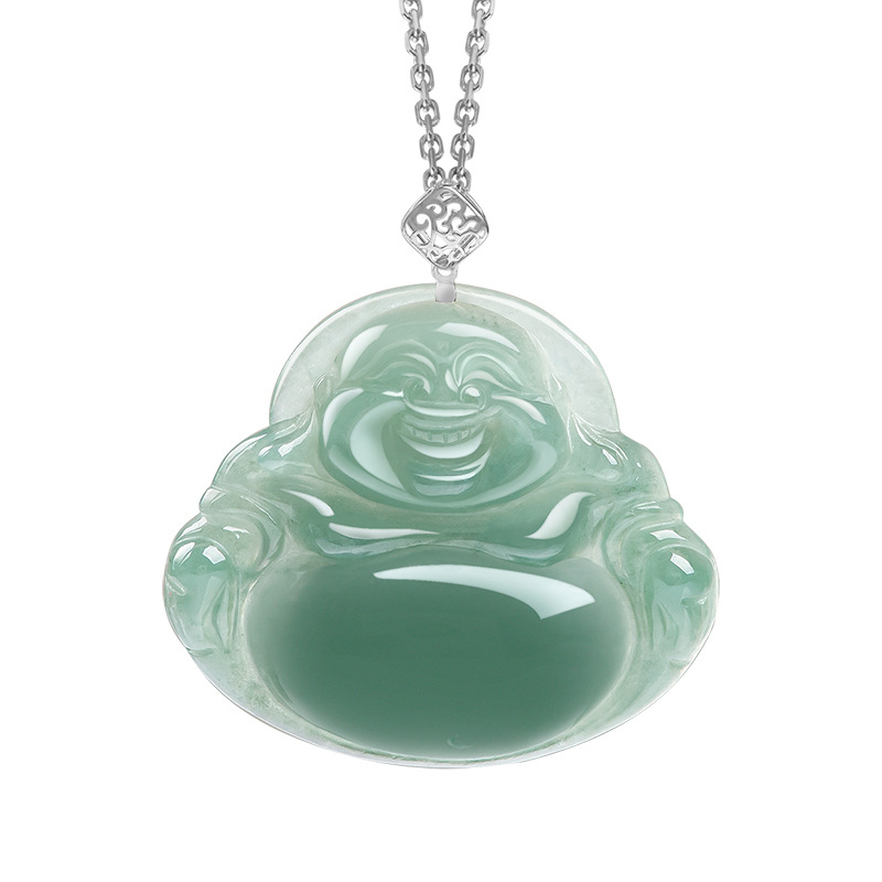 18K Gold Inlaid Natural Myanmar Fake Jadeite Oil Green Buddha Maitreya Buddha Pendant Necklace Ice Jade Pendant for Women