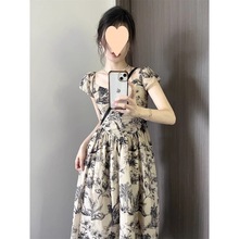 新中式水墨印花方领短袖连衣裙女夏季高级感气质收腰显瘦字长裙