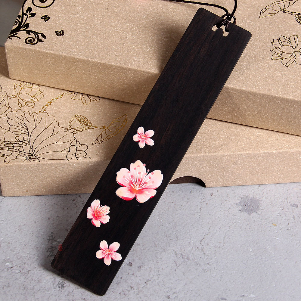 彩绘桃花书签 黑檀彩绘桃花书签 古风礼品 木质书签 可刻字logo