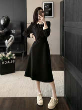黑色高级感长袖连衣裙女秋季2023新款气质假两件休闲长款卫衣裙子