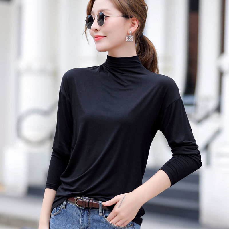 春秋款莫代尔半高领打底衫女装大码胖mm长袖上衣新款宽松外穿t恤