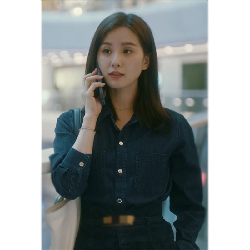 流金岁月刘诗诗蒋南孙同款蓝色长袖牛仔衬衫上衣高腰牛仔裤套装女