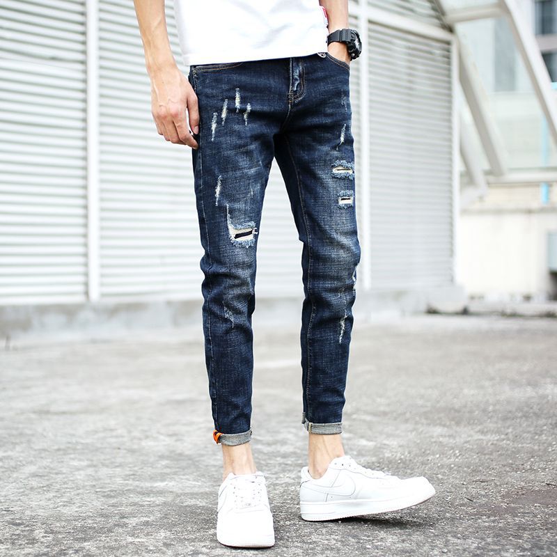 新款潮男牛仔裤男士帅气韩版修身小脚弹力潮流百搭9九分潮牌破洞