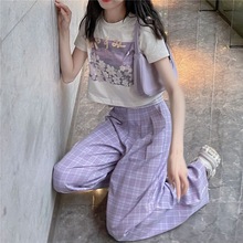 盐系套装女学生韩版宽松夏季设计紫色高腰阔腿裤印花短袖两件套女