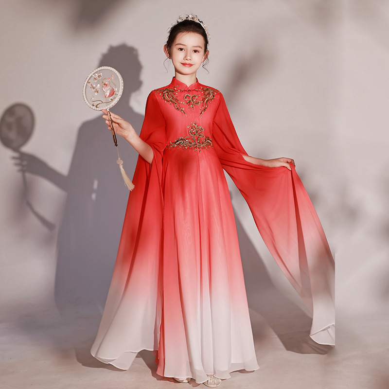 中国风儿童古筝演出服民乐合唱表演服中大童艺考红色古典女童礼服