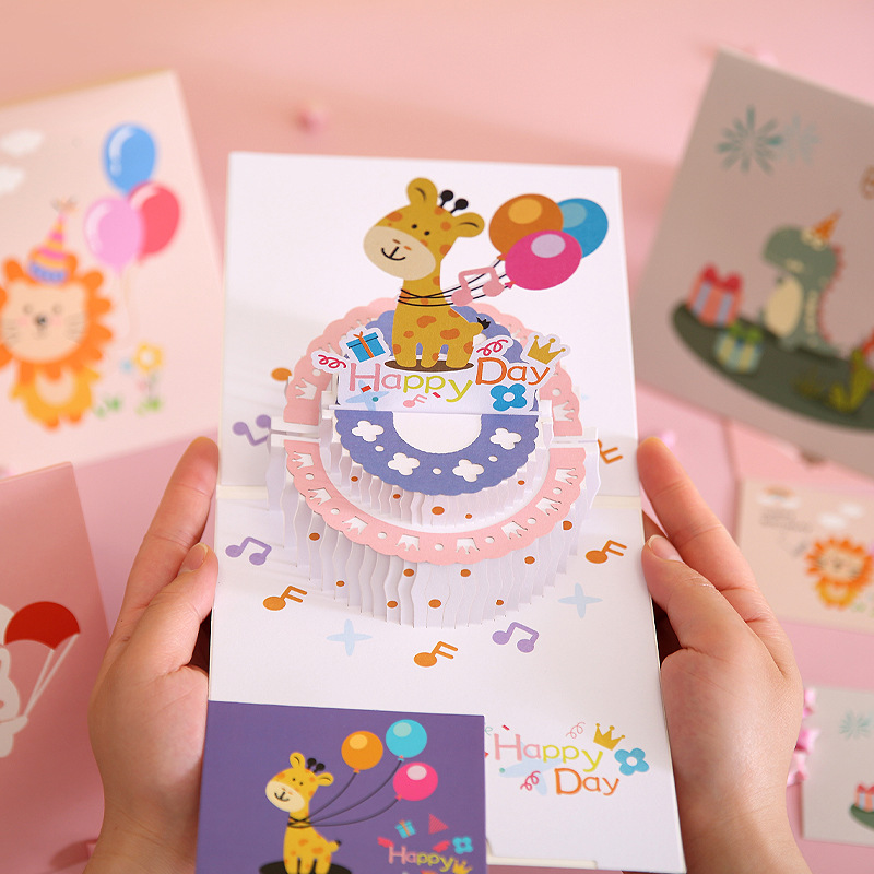 Ins Same Korean Style Cute Bear Bunny Birthday Cake Cartoon Creative Commemorative Stereoscopic Greeting Cards Birthday Greeting Card