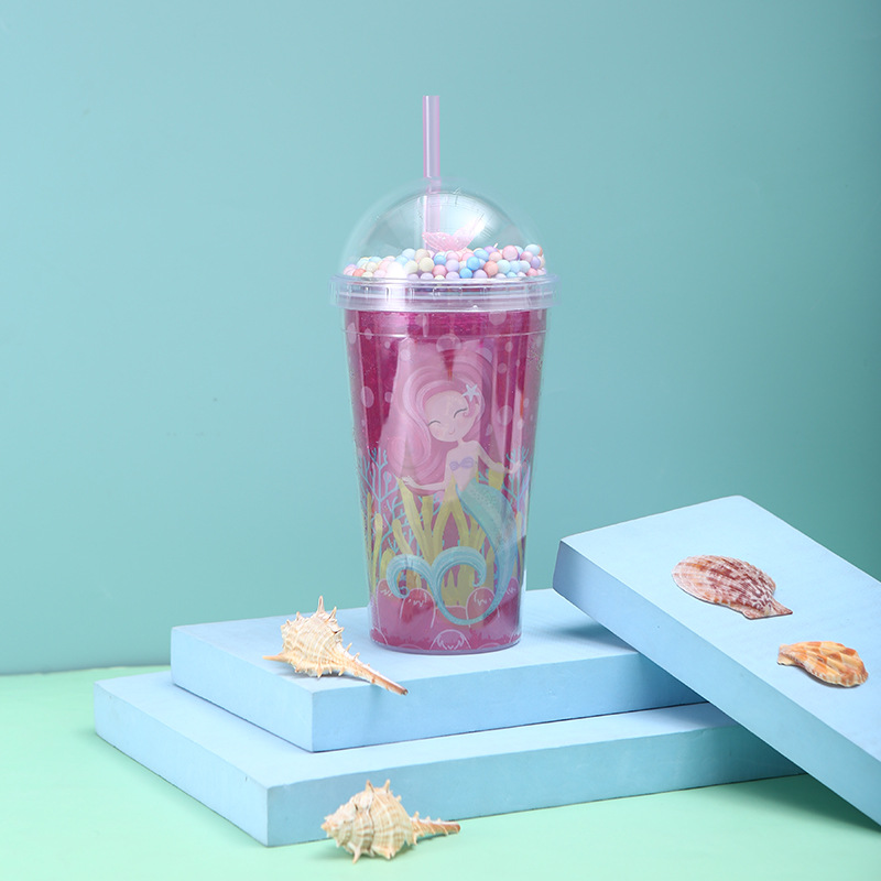 Good-looking New Mermaid Cup with Straw Summer Crushed Ice Cup Ice Cup Cute Girl Ice Cup Double-Layer Plastic Cup