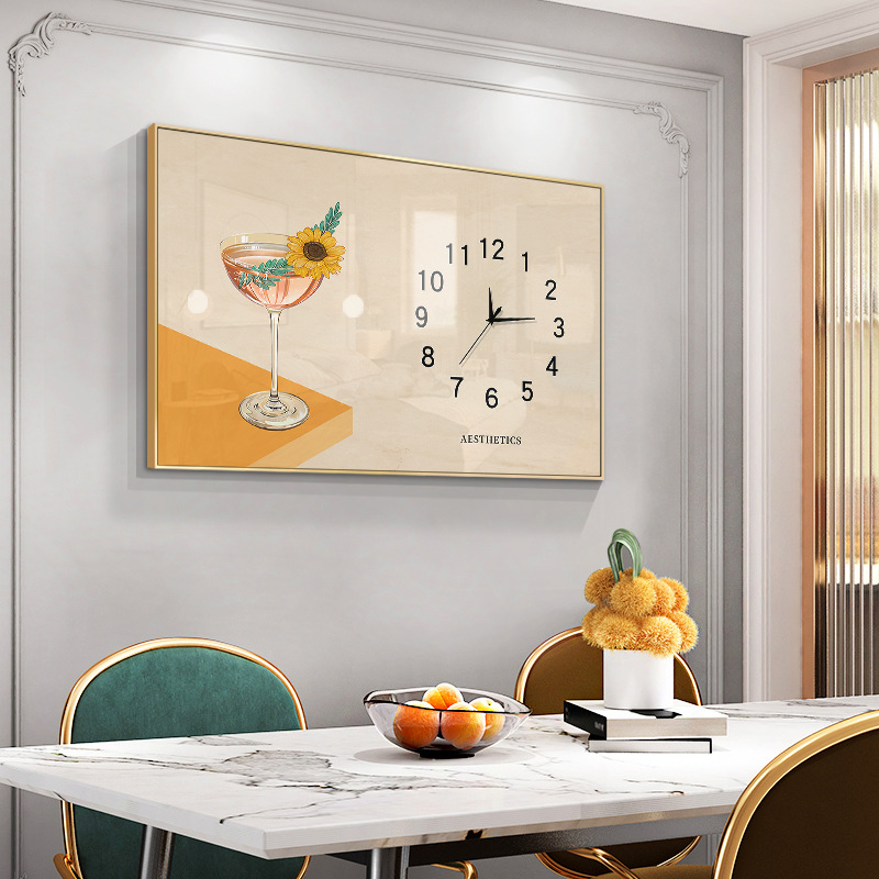 轻奢餐厅装饰画时钟饭厅墙面壁画简约歺厅挂画带钟表免打孔挂钟