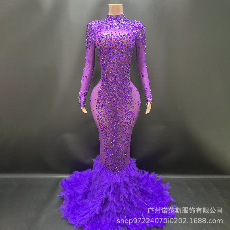 深紫色烫钻大气显白羽毛拖尾晚宴聚餐礼服舞会表演明星红毯演出服