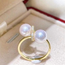 DIY珍珠配件 S925银设计感双珠戒指指环可调节银饰半成品空托批发