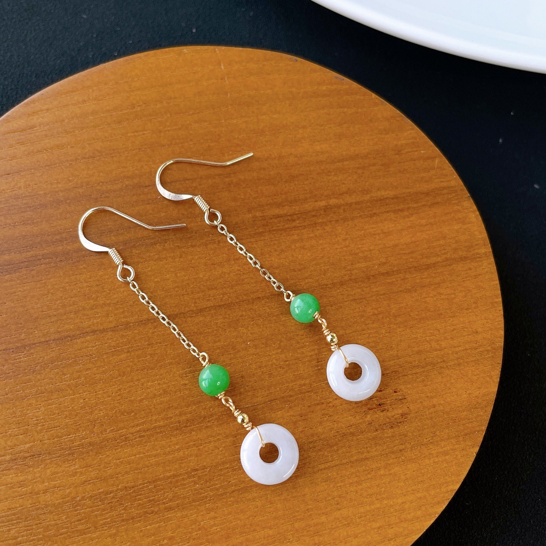 a货翡翠平安扣耳坠搭配干青进口14k注金耳环直播供货耳饰一件代发