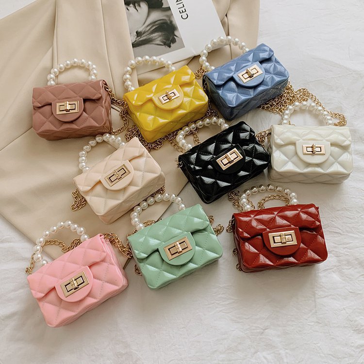 Children's Bags 2023 New Mini Jelly Bag Rhombus Small Sachet Pearl Hand Shoulder Crossbody Chain Bag