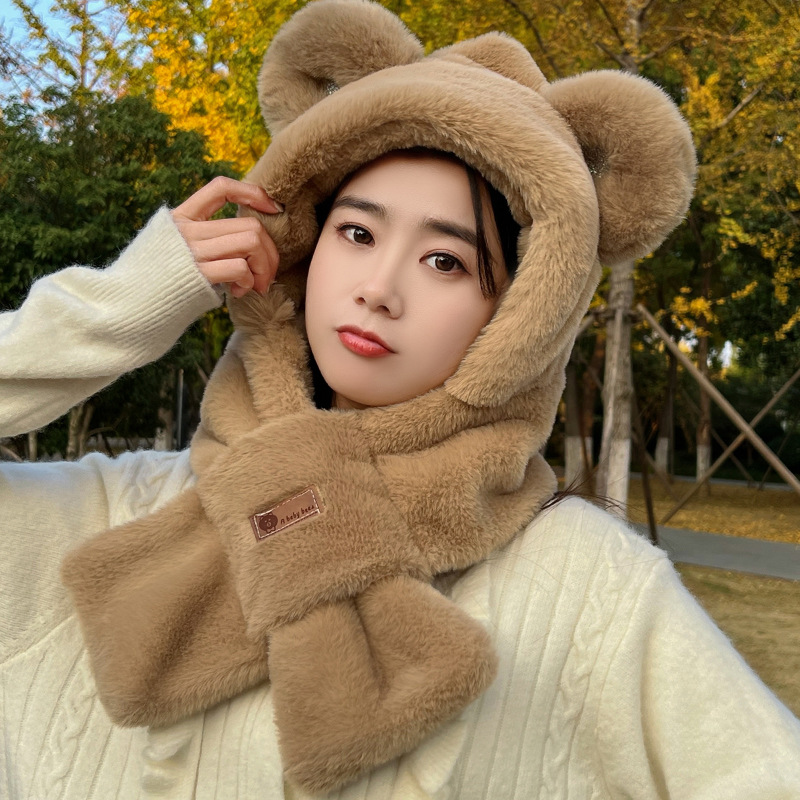 Bear Hat Scarf Integrated Female Autumn and Winter All-Matching 2023 Cycling Cute Warm Hooded Plush Scarf Hat