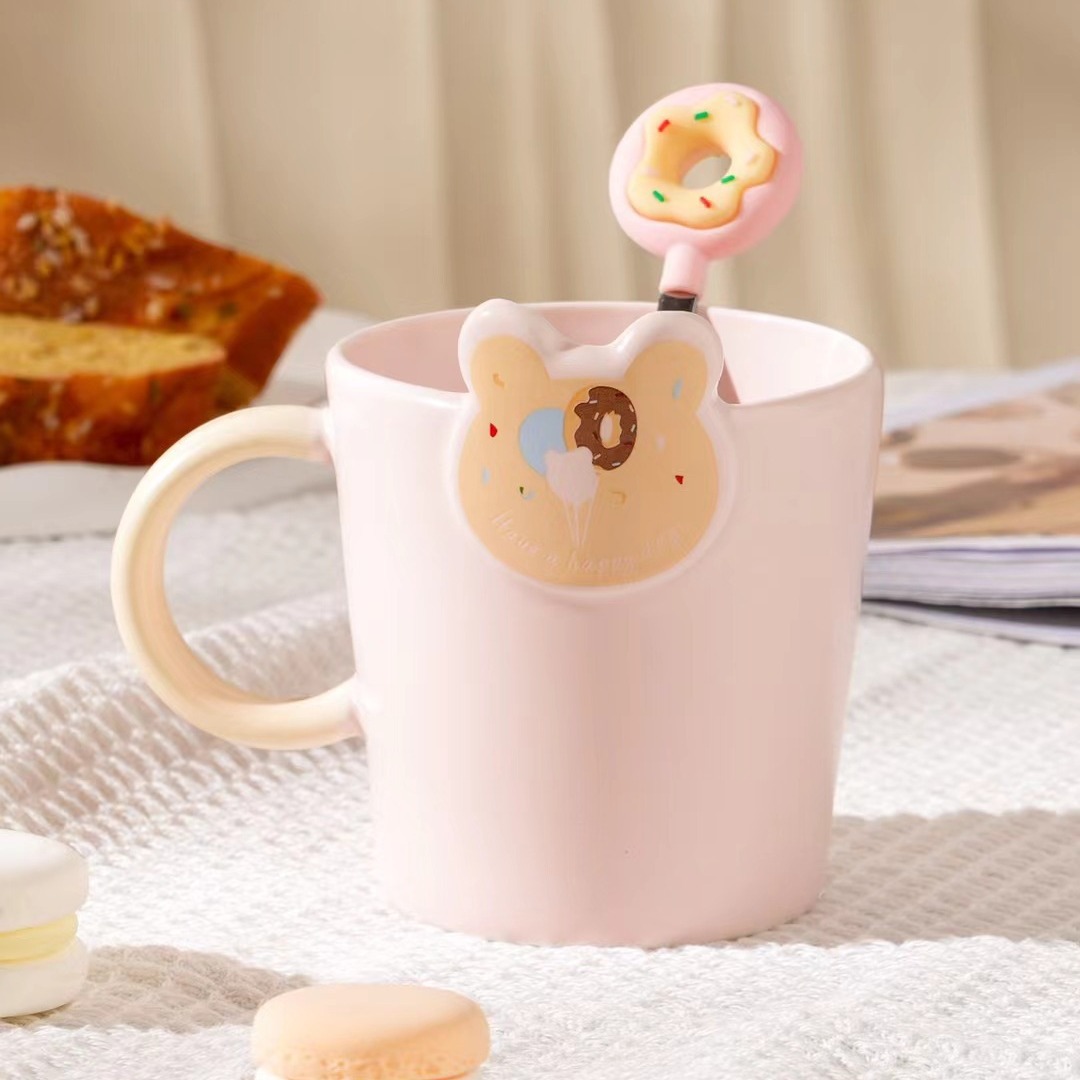 Creative Simple and Fresh Donut Good-looking Mug Ceramic with Spoon Hand Gift Household Drinking Cups Cute