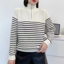 拉链半开领条纹休闲针织衫女装2025秋季外贸新品跨境长袖套头毛衣