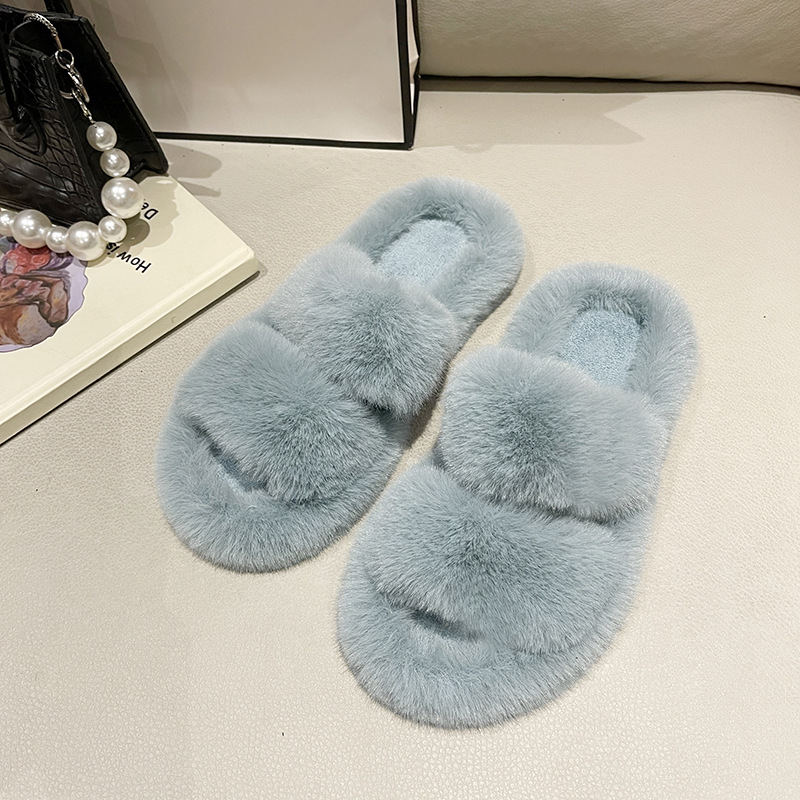 Flat Large Size One-Word Plush Women's Slippers Spring, Autumn and Winter Warm Indoor Fashion All-Matching Flat Bottom Thickened Factory Wholesale