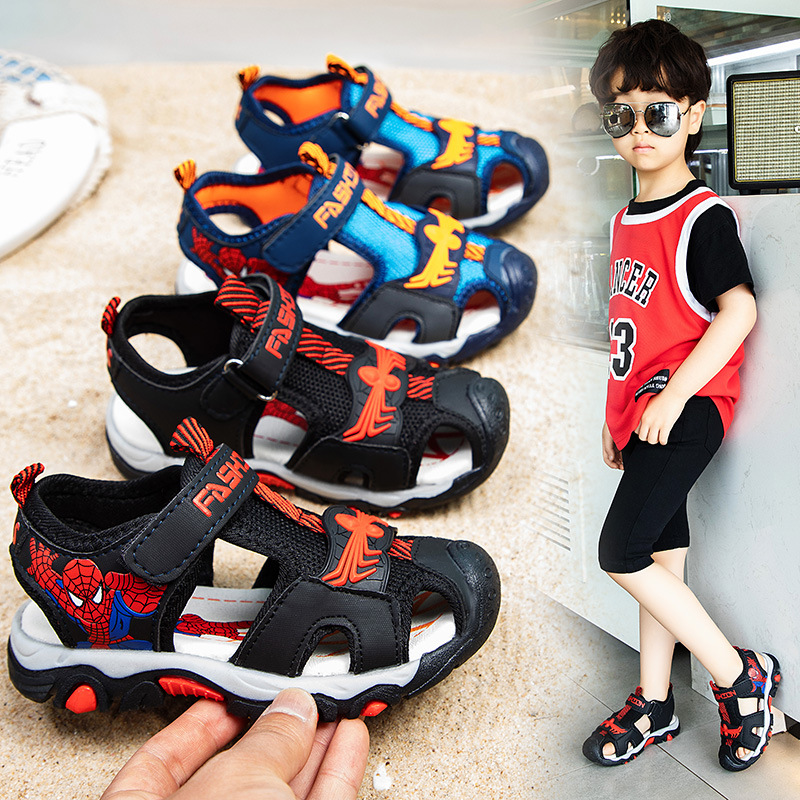 children‘s sandals 2024 summer new youth sandals boys cartoon spider-man closed toe beach shoes velcro