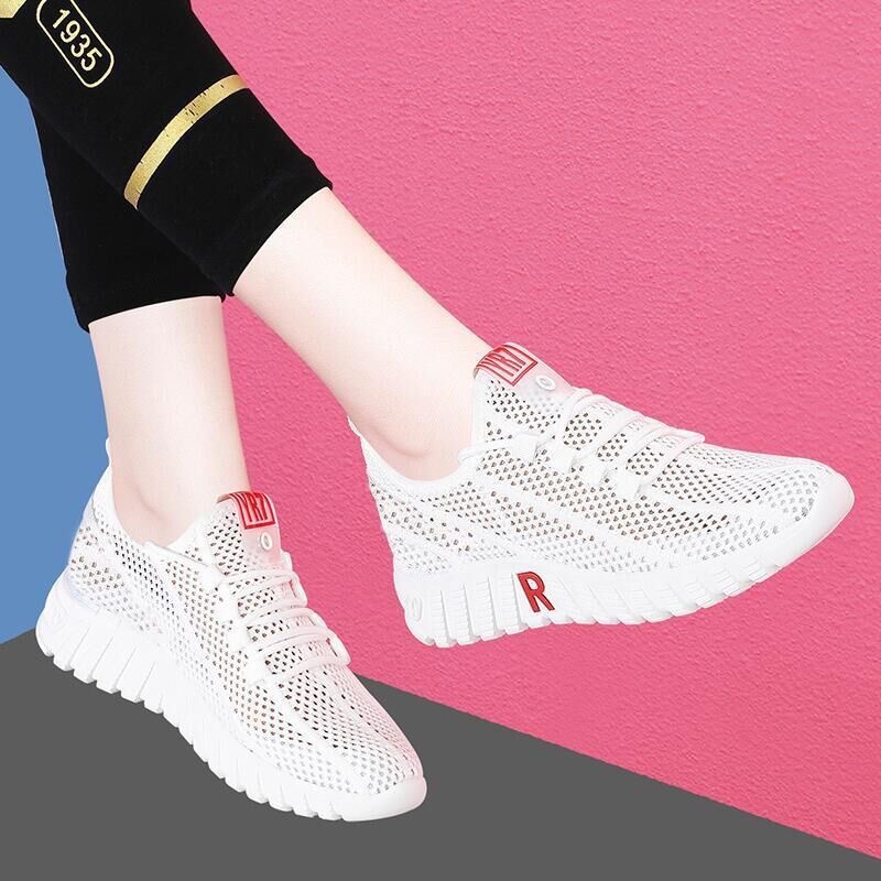 New Flying Woven White Black Breathable Hollow Women's Shoes Middle-Aged and Elderly Casual Running Walking Shoes One Piece Dropshipping