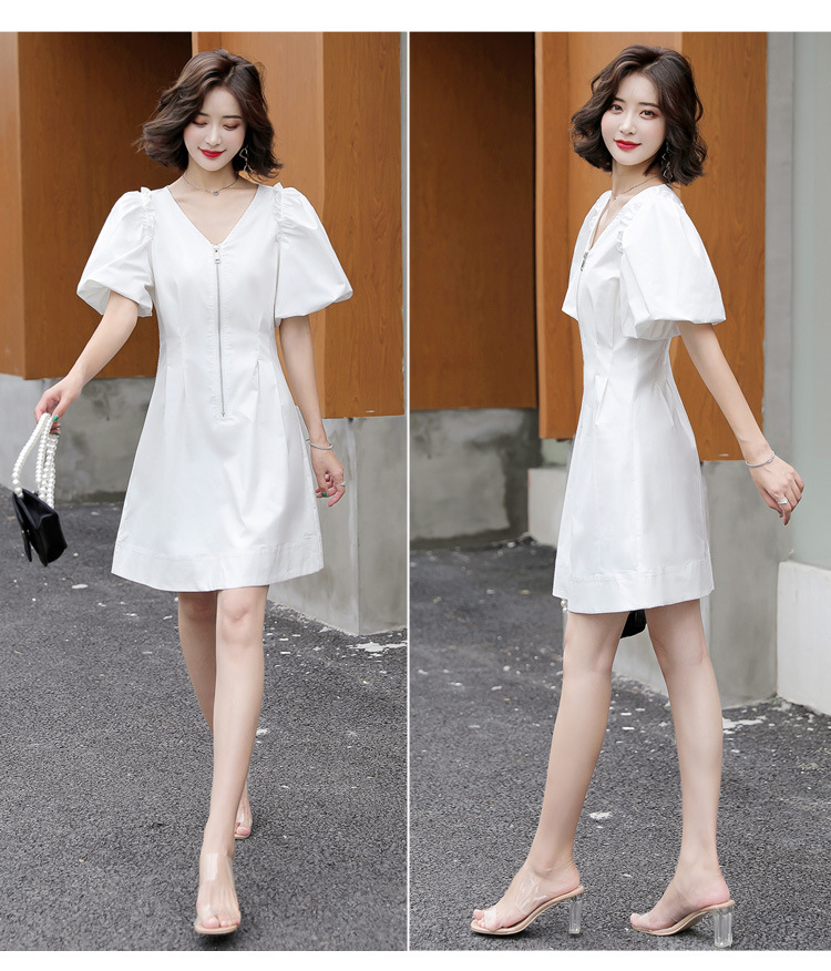 女装2021夏季新品韩版修身小个子泡泡袖v领中长款连衣裙yr9077