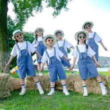 儿童演出服班服小学生幼儿园毕业照夏季牛仔背带裤啦啦队表演套装