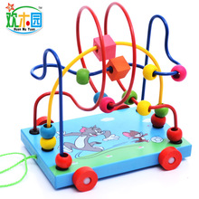宝宝木制早教智力绕珠串珠拖拉车婴儿玩具 儿童算数形状配对益智