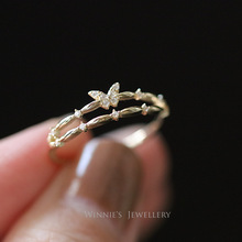 S925纯银镀金戒指双层设计小钻蝴蝶精致韩版小清新指环女开口戒指