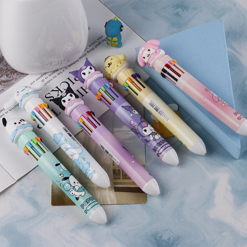 Ten-Color Ballpoint Pen Cartoon Cute Multi-Color Sanrio Press Type Color Pencil Student Good-looking Stationery Gel Pen