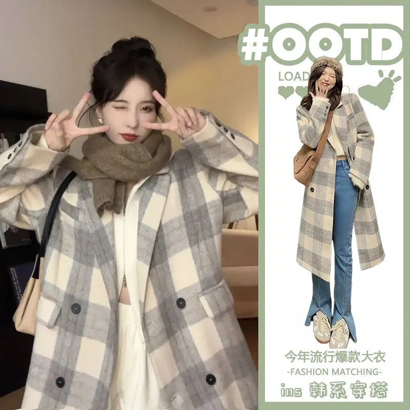 2024春秋季新款韩系格纹呢子大衣女气质显瘦中长款毛呢外套女