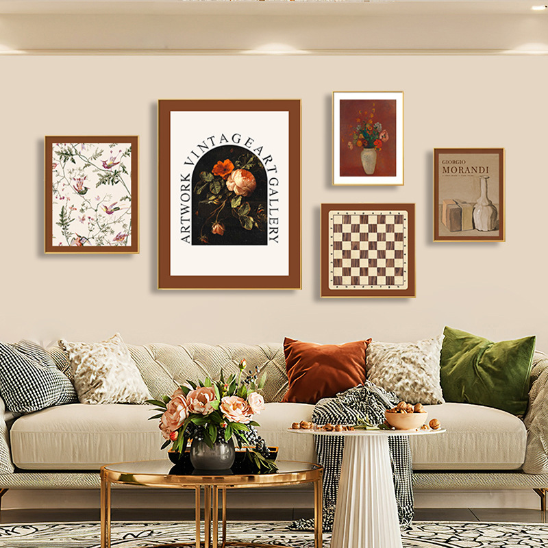 法式复古客厅装饰画北欧小众文艺沙发背景墙挂画美式艺术组合画芯