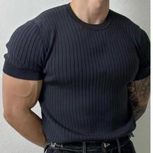 夏季薄款圆领短袖针织衫男修身弹力潮流百搭设计感竖条纹半袖t恤