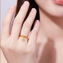越南沙金福字戒指 黄铜镀金可调节开口笑脸金珠戒指直播货源批发