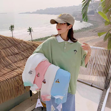 韩版24年夏季新款休闲POLO领短袖女 卡通刺绣撞色翻领学生T恤潮