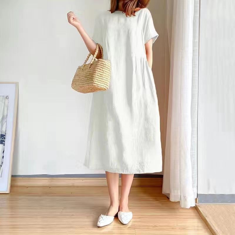 Simple Art-Style Loose Slimming Cotton Dress Women's Summer 2023 New Large Size Plump Girls Mid-Length Dress