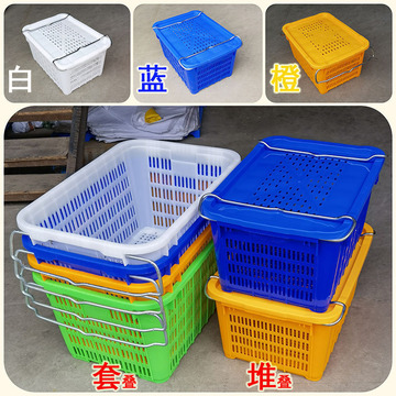加厚塑料铁耳箩菜筐带盖龙虾箩大号水果蔬菜螃蟹鱼框带铁耳收纳箱