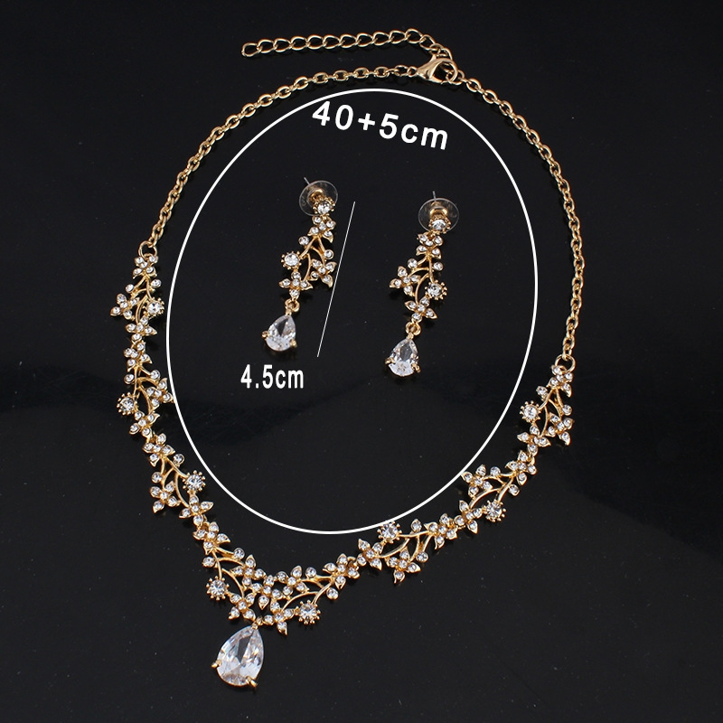 Gold Zircon Jewelry Suit Bridal Necklace Earrings Wedding Two-Piece Set Banquet Accessories