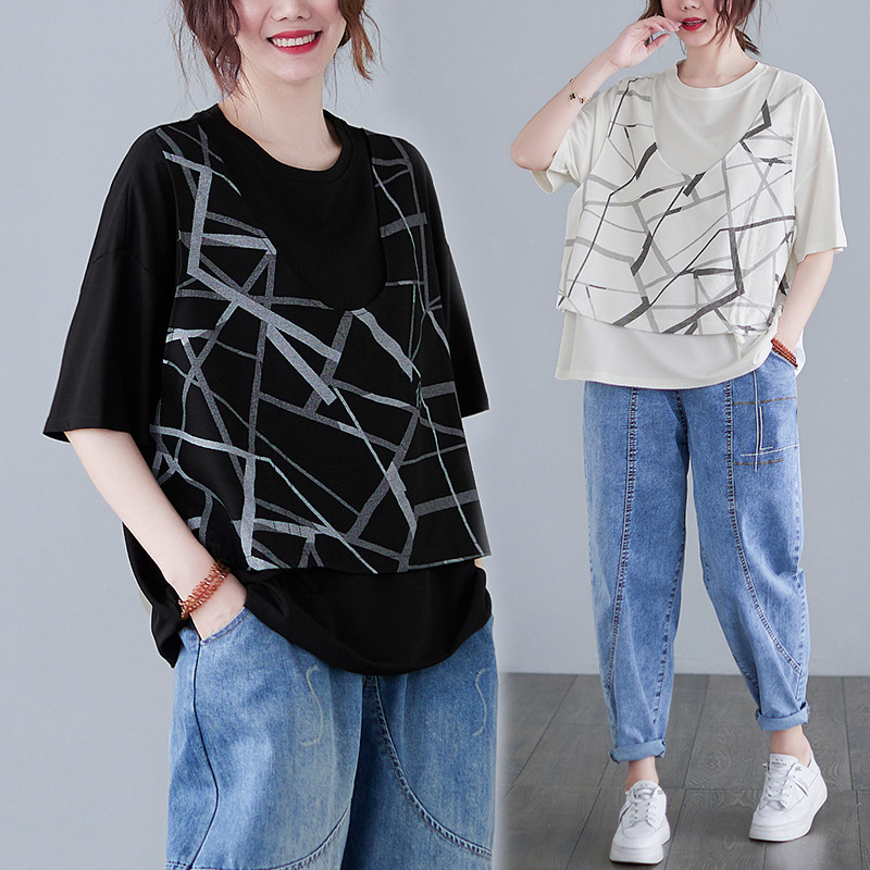 2023夏季新大码胖mm印花宽松遮肉显瘦减龄溜肩袖假两件上衣t恤女