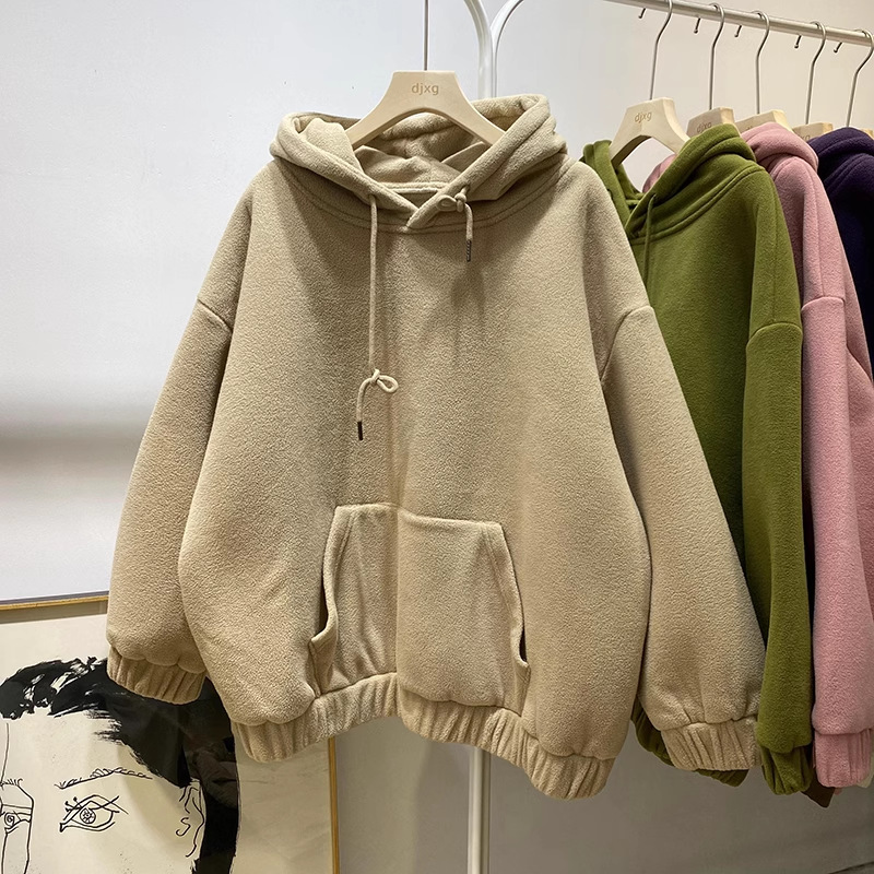 冬季双面绒连帽外套女秋冬款宽松慵懒袋鼠兜帽衫加厚上衣加绒外套