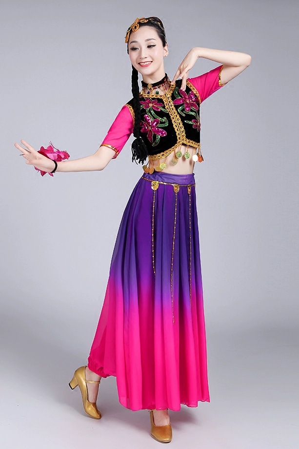 新疆维吾尔族舞蹈表演服装 女少数民族广场舞台裙 印度肚皮舞服饰