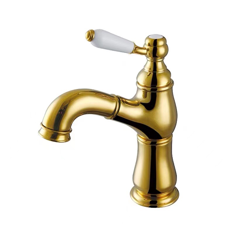 French Pull Faucet Drop-in Sink Faucet Copper Wash Basin Hotel Bathroom Cabinet Ceramic Handle Hot and Cold Water Faucet Water Tap