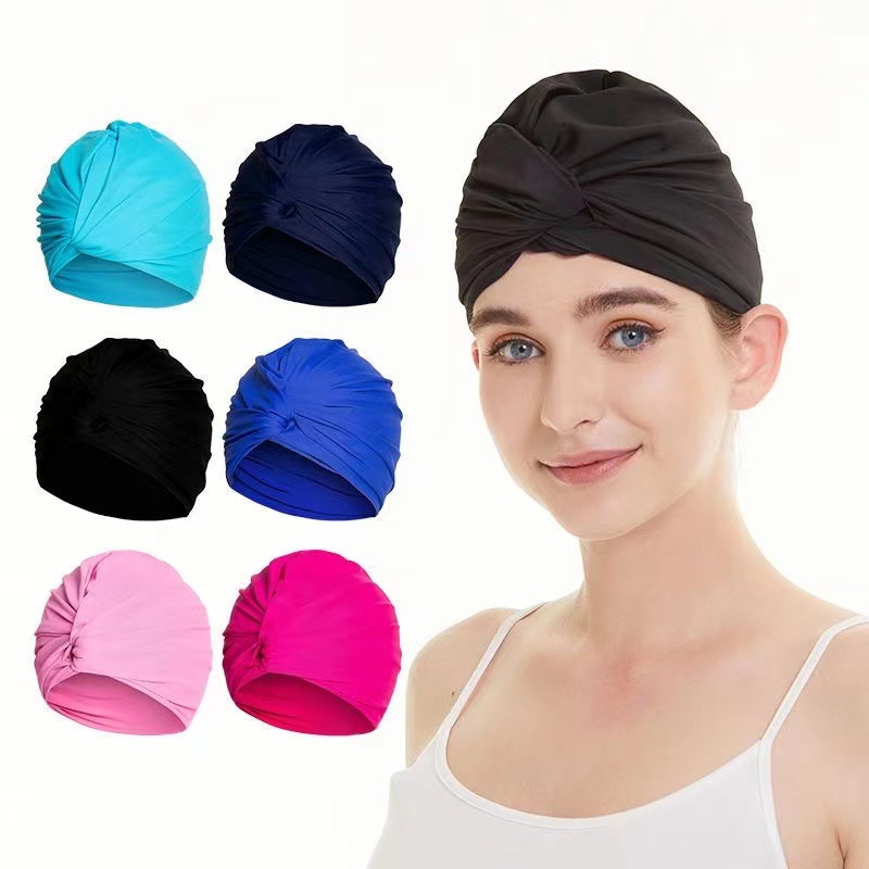 swimming cap nylon women‘s plus-sized ear protection cloth korean swimming cap summer long hair adult not-too-tight multi-color twist pleated